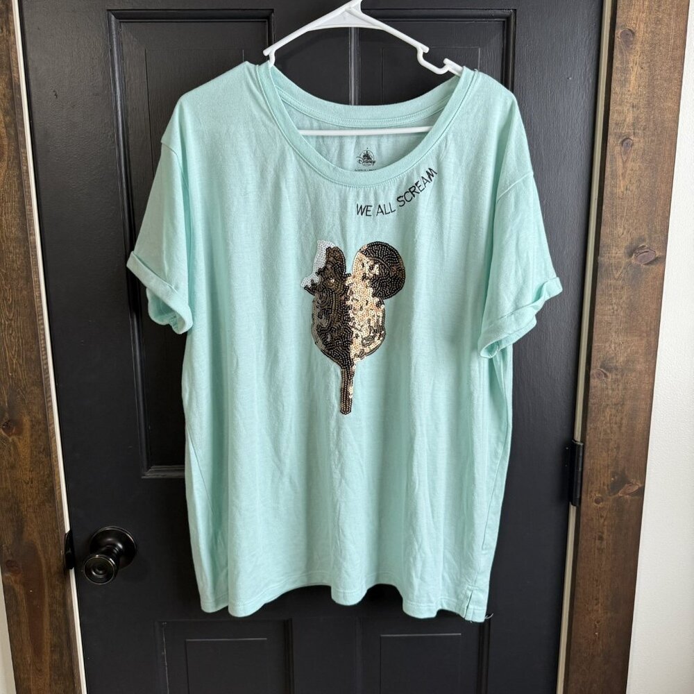 Disney Mint Green Short Sleeve Tee with Sequined Mickey Bar Graphic